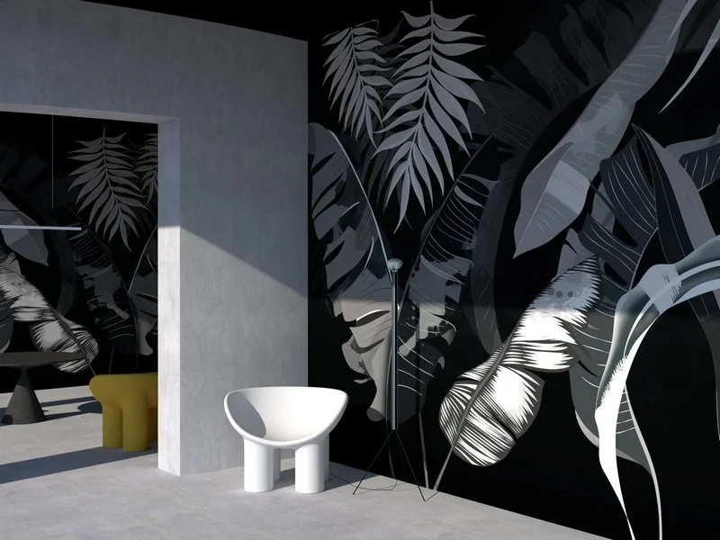 Trendyol siyah zeminli beyaz muz yaprağı desenli duvar posteri bursa ve Hepsiburada modern antrasit palmiye yaprağı duvar kağıdı modelleri