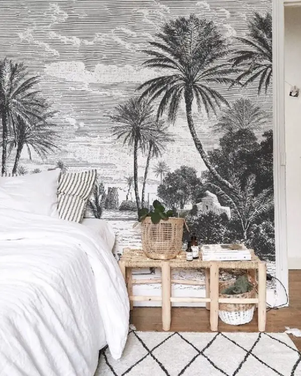 monochrome egzotik vaha ve ihtisamli hurma agaclari manzarali duvar kagidi