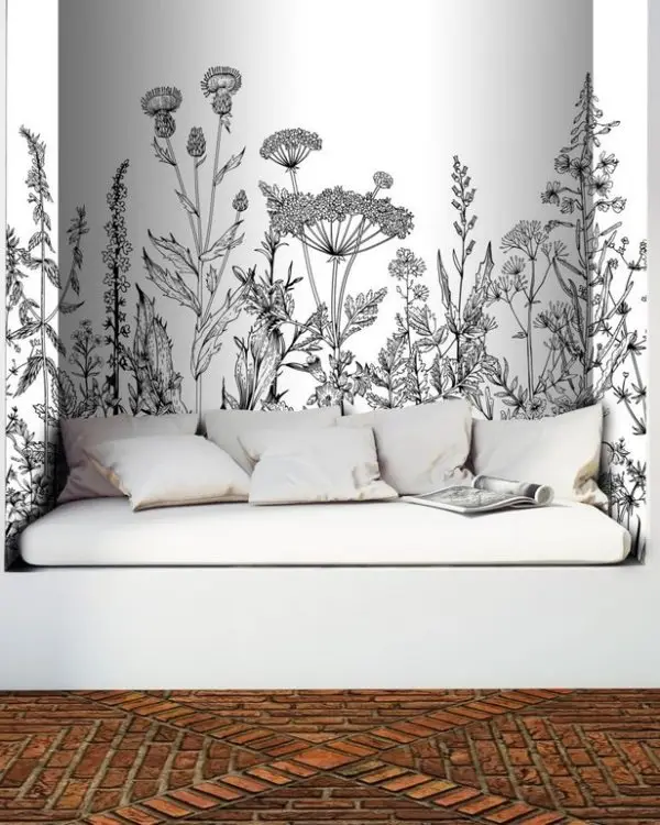 Trendyol siyah beyaz gravür kır çiçekleri ve yabani devedikeni desenli duvar posteri bursa ve Hepsiburada minimalist eskiz tarzı bitki duvar kağıdı modelleri