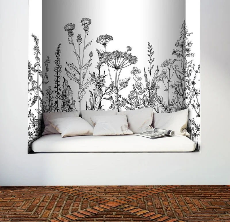 Trendyol siyah beyaz gravür kır çiçekleri ve yabani devedikeni desenli duvar posteri bursa ve Hepsiburada minimalist eskiz tarzı bitki duvar kağıdı modelleri