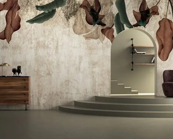 Trendyol brüt beton dokulu kurutulmuş kahverengi yaprak desenli duvar posteri bursa ve Hepsiburada minimalist loft tarzı botanik duvar kağıdı modelleri