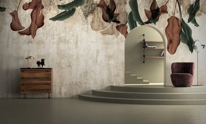 Trendyol brüt beton dokulu kurutulmuş kahverengi yaprak desenli duvar posteri bursa ve Hepsiburada minimalist loft tarzı botanik duvar kağıdı modelleri