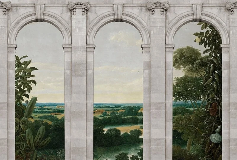 antik vadi terasi sutunlu ve panoramik manzarali 3d duvar kagidi