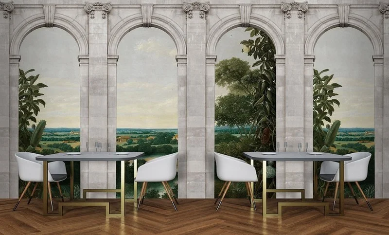 antik vadi terasi sutunlu ve panoramik manzarali 3d duvar kagidi