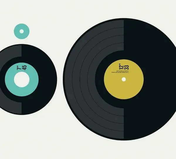 Beyaz zemin üzerinde turkuaz ve hardal sarısı etiketli biri büyük diğeri küçük iki adet siyah retro plak illüstrasyonu içeren genç odası duvar kağıdı