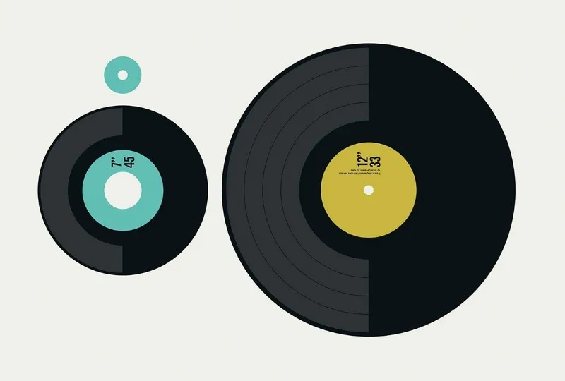 Beyaz zemin üzerinde turkuaz ve hardal sarısı etiketli biri büyük diğeri küçük iki adet siyah retro plak illüstrasyonu içeren genç odası duvar kağıdı