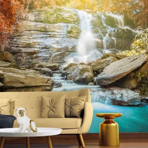 Sonbahar Renklerine Bürünmüş Ağaçlar Arasında Akan Görkemli Şelale ve Turkuaz Berrak Gölet Manzaralı 3D Duvar Kağıdı