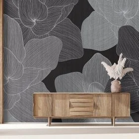 Trendyol siyah zeminli gri çizgisel yaprak desenli dekoratif duvar posteri bursa ve Hepsiburada modern antrasit çiçekli duvar kağıdı modelleri