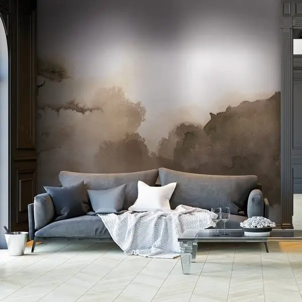 Brüt Beton Bloklar Üzerinde Soyut Siyah Leke Geçişli Modern Duvar Kağıdı