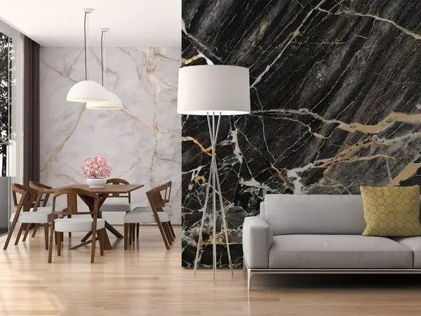 Siyah zeminli altın ve beyaz damarlı lüks mermer 3d dijital baskı duvar kağıdı