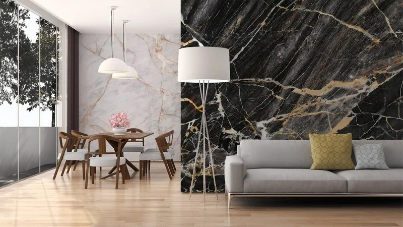 Siyah zeminli altın ve beyaz damarlı lüks mermer 3d dijital baskı duvar kağıdı