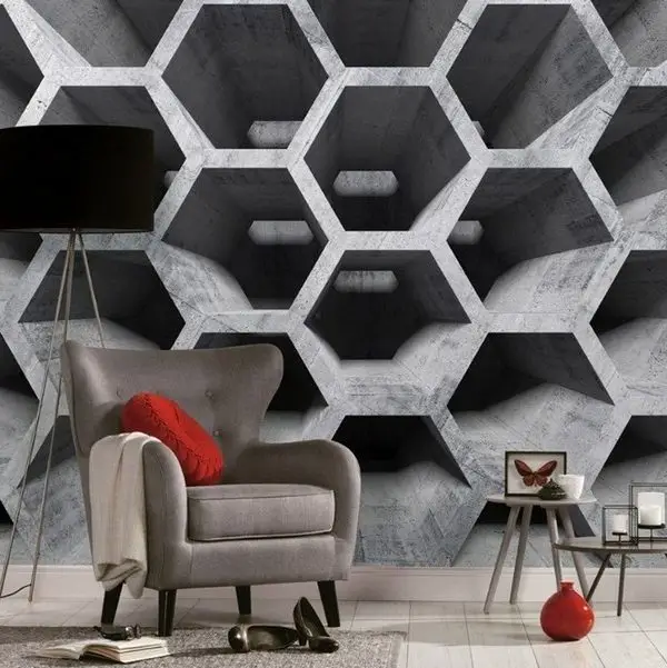 beton gri uc boyutlu bal petegi temali duvar kagidi modern mimari