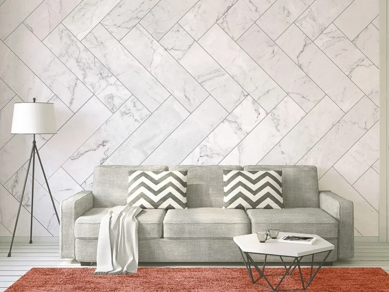 Gri Damarlı Beyaz Mermer Bloklarının Balıksırtı Dizilimli Geometrik Modern Duvar Kağıdı