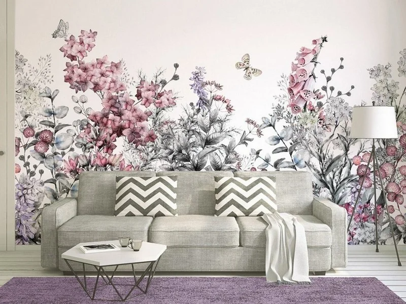 Trendyol pudra pembe çiçekli ve gri yapraklı dekoratif duvar posteri bursa ve Hepsiburada beyaz zeminli romantik çiçek desenli duvar kağıdı modelleri