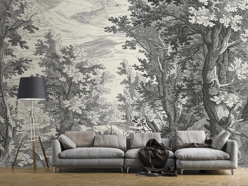 Trendyol meşe ağacı desenli gravür stil gri duvar posteri bursa ve Hepsiburada orman içi gölet manzaralı monochrome duvar kağıdı modelleri bursa