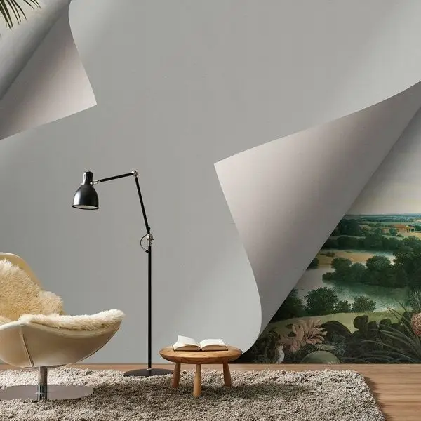 Köşelerinden Kıvrılan Modern Gri Duvarın Arkasından Görünen Nehir ve Ağaç Temalı Klasik Doğa Manzaralı 3D İllüzyon Duvar Kağıdı