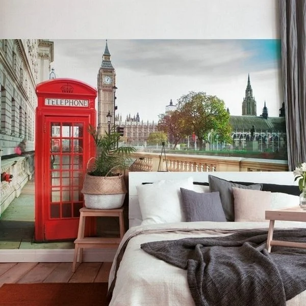 londra sehir manzarasi kirmizi telefon kulubesi 3d duvar kagidi
