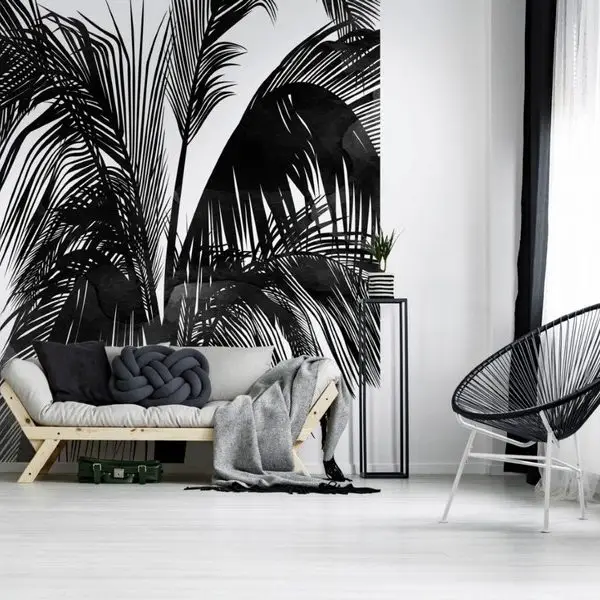 monochrome siyah buyuk tropikal palmiye yapragi desenli duvar kagidi