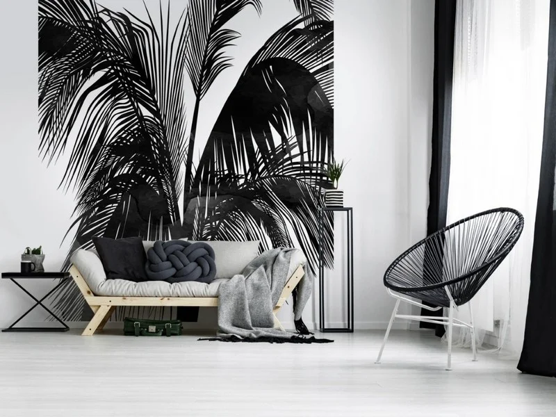 monochrome siyah buyuk tropikal palmiye yapragi desenli duvar kagidi