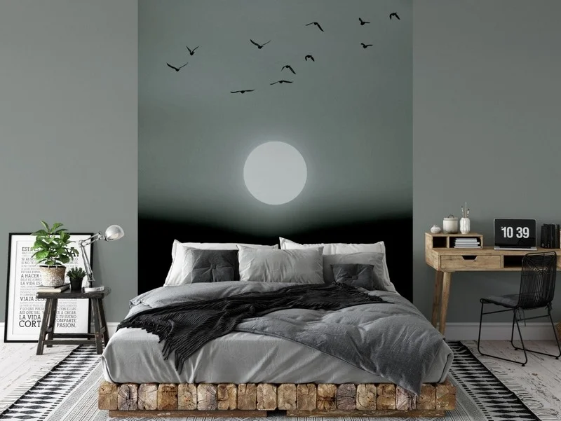 Siyah beyaz minimalist güneş silüeti ve uçan kuş figürleri duvar kağıdı