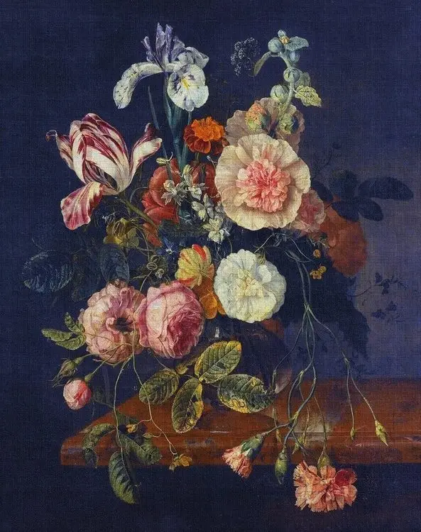 koyu zeminli vazolu sakayik buketi yagli boya duvar kagidi