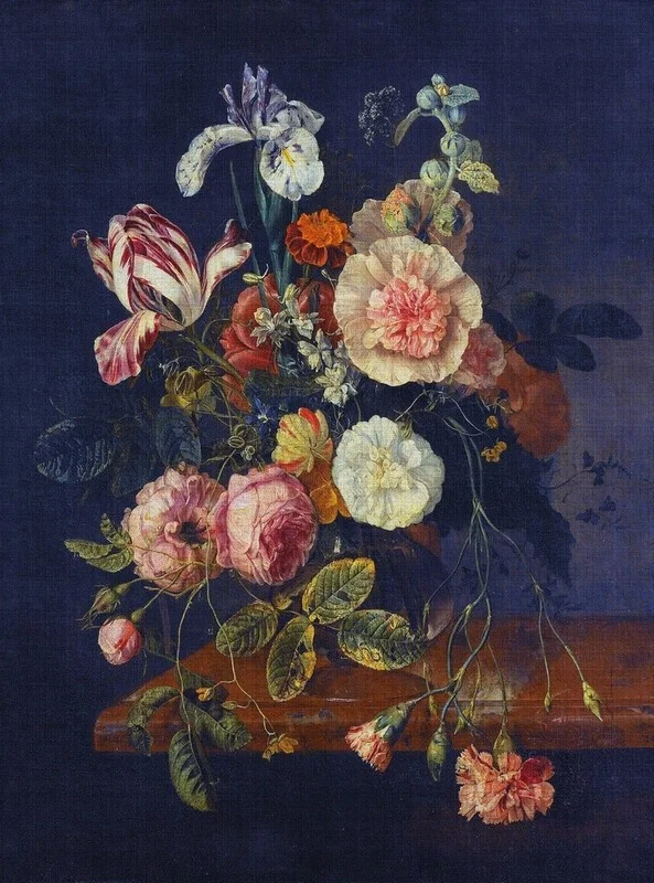 koyu zeminli vazolu sakayik buketi yagli boya duvar kagidi