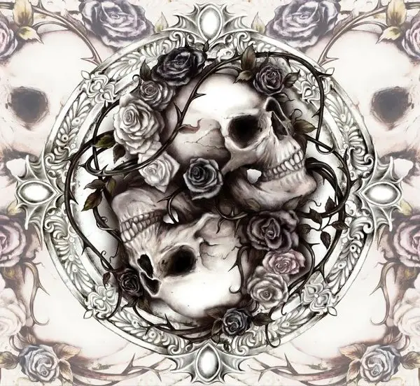 Etrafı siyah beyaz güller ve antik gümüş gotik süslemelerle çevrili merkezde iki kuru kafa figürü içeren sanatsal duvar kağıdı