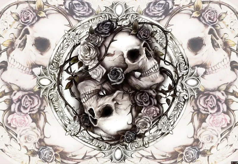 Etrafı siyah beyaz güller ve antik gümüş gotik süslemelerle çevrili merkezde iki kuru kafa figürü içeren sanatsal duvar kağıdı