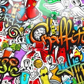 Beyaz zemin üzerinde Graffiti, Music ve Hip Hop yazıları, sprey kutuları, kanatlar ve kaykay figürleri içeren çok renkli ve dinamik sokak sanatı kolajı.