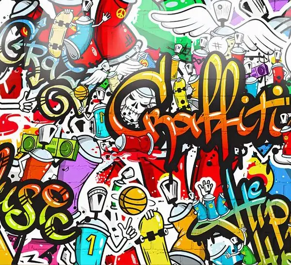 Beyaz zemin üzerinde Graffiti, Music ve Hip Hop yazıları, sprey kutuları, kanatlar ve kaykay figürleri içeren çok renkli ve dinamik sokak sanatı kolajı.
