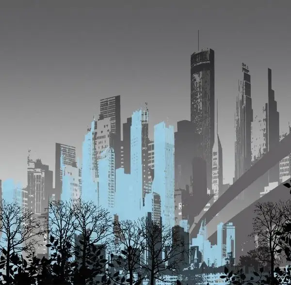 Gri ve buz mavisi tonlarında, arka planda modern gökdelen silüetleri ve ön planda siyah soyut ağaç figürleri içeren sanatsal duvar kağıdı tasarımı.