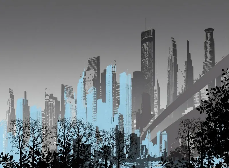 Gri ve buz mavisi tonlarında, arka planda modern gökdelen silüetleri ve ön planda siyah soyut ağaç figürleri içeren sanatsal duvar kağıdı tasarımı.
