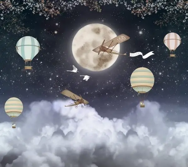 bulutlarin otesi nostaljik ucak ve renkli balon temali 3d duvar kagidi