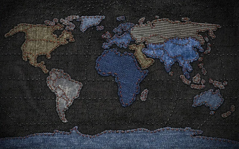 denim yama atlasi siyah kot dokulu ve dikis detayli 3d dunya haritasi duvar kagidi