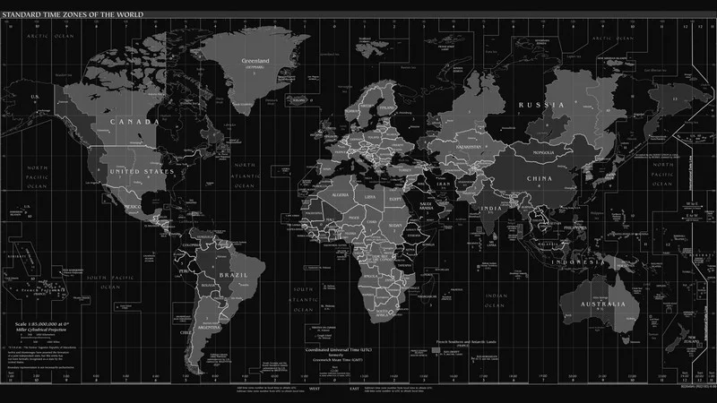 global zaman atlasi siyah ve gri 3d saat dilimli dunya haritasi duvar kagidi