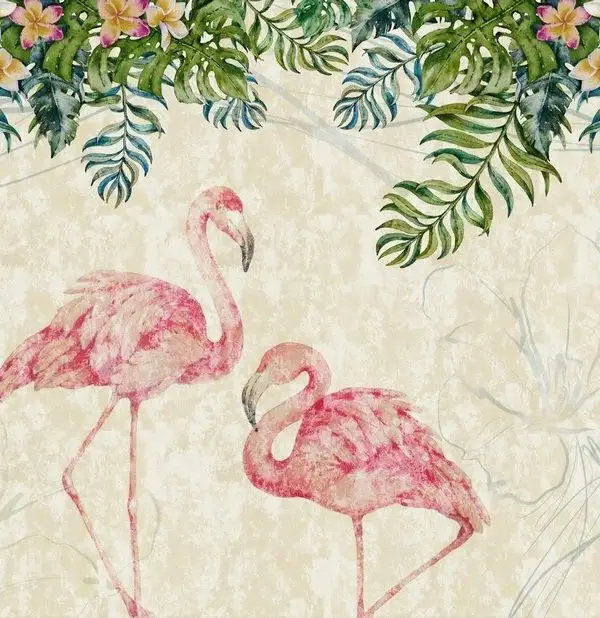 tropikal ruzgar iki flamingo ve egzotik yapraklar 3d hayvan temali duvar kagidi