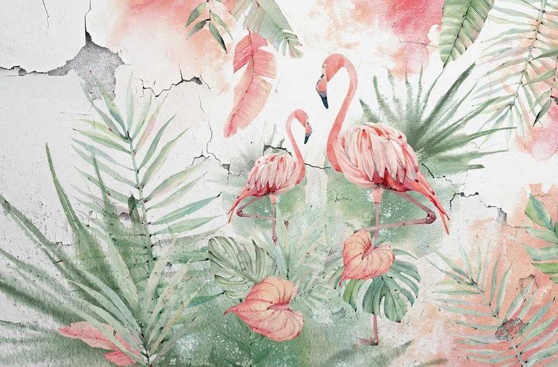 endustriyel romantizm flamingo cifti ve egzotik yapraklar 3d hayvan temali duvar kagidi