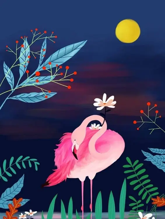 gece sarkisi ay isigi ve flamingo 3d hayvan temali duvar kagidi