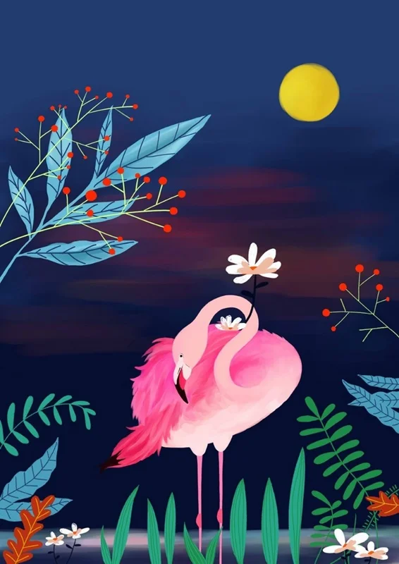 gece sarkisi ay isigi ve flamingo 3d hayvan temali duvar kagidi