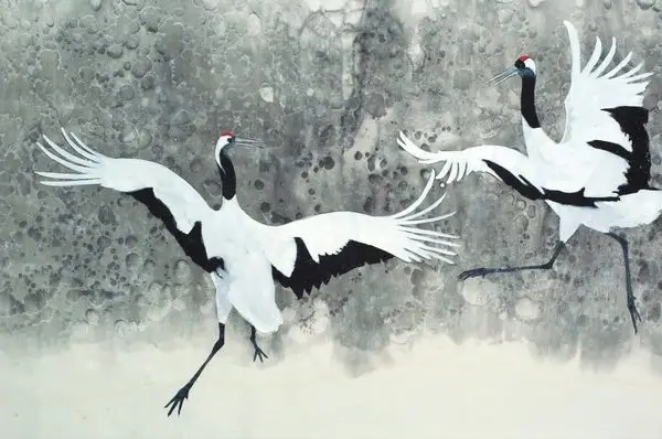 zen dansi siyah beyaz iki leylek geleneksel sanat temali 3d duvar kagidi