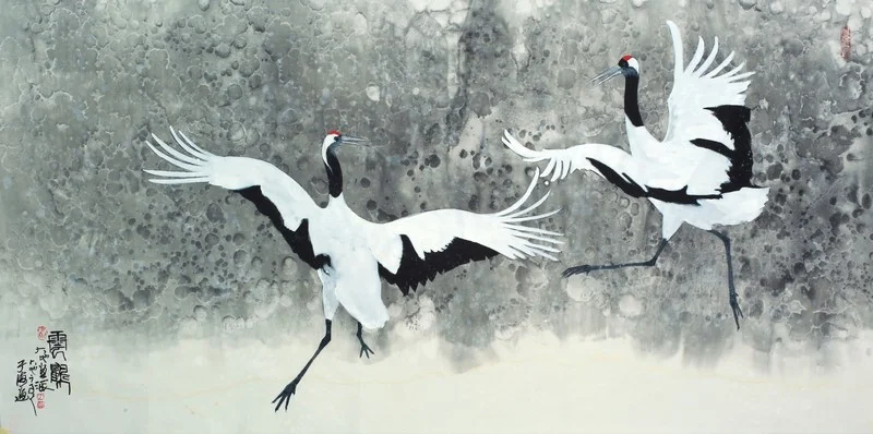 zen dansi siyah beyaz iki leylek geleneksel sanat temali 3d duvar kagidi