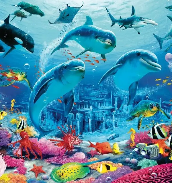 kayip sehir yunuslar ve antik batik 3d hayvan temali duvar kagidi