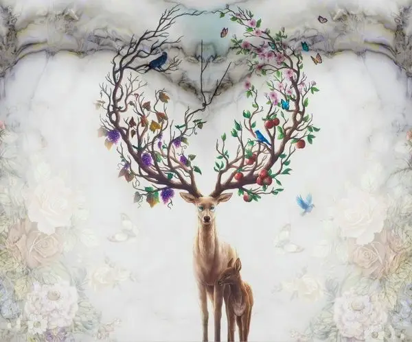 Metin yasam dongusu kalp boynuzlu geyik 3d hayvan temali duvar kagidi