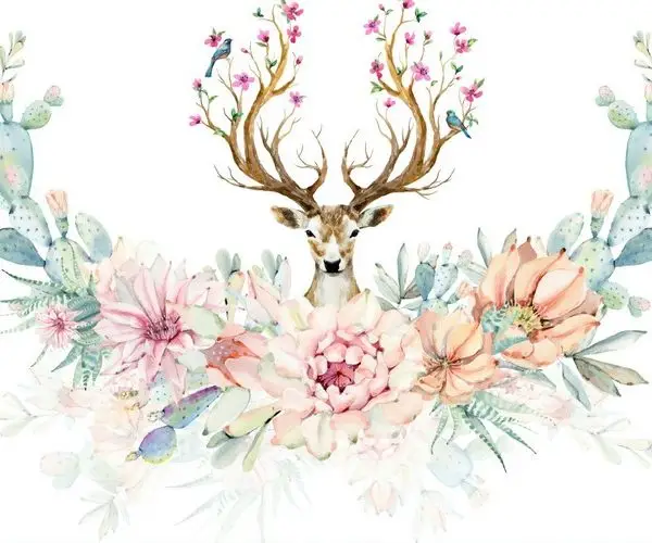 dus bahcesi geyik ve cicekler 3d hayvan temali duvar kagidi