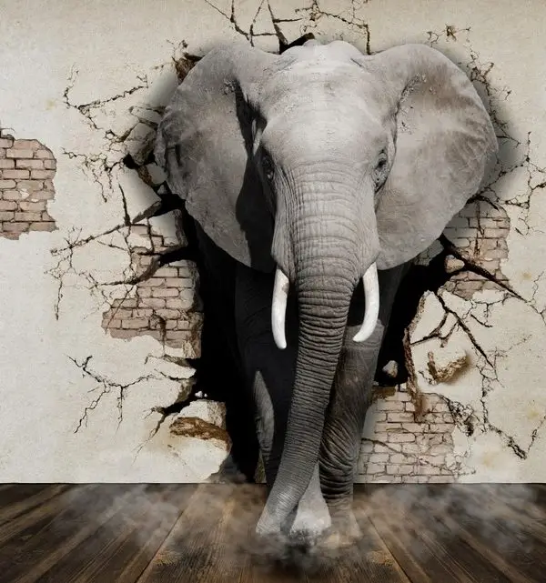 Heybetli Duvarı Yıkan Fil 3D Hayvan Temalı Duvar Kağıdı