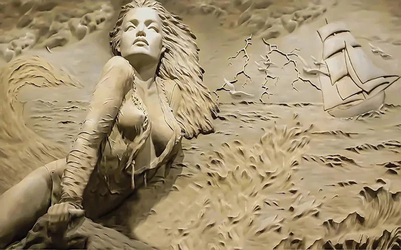 deniz firtinasi ve yelkenli temali sanatsal rolyef duvar kagidi