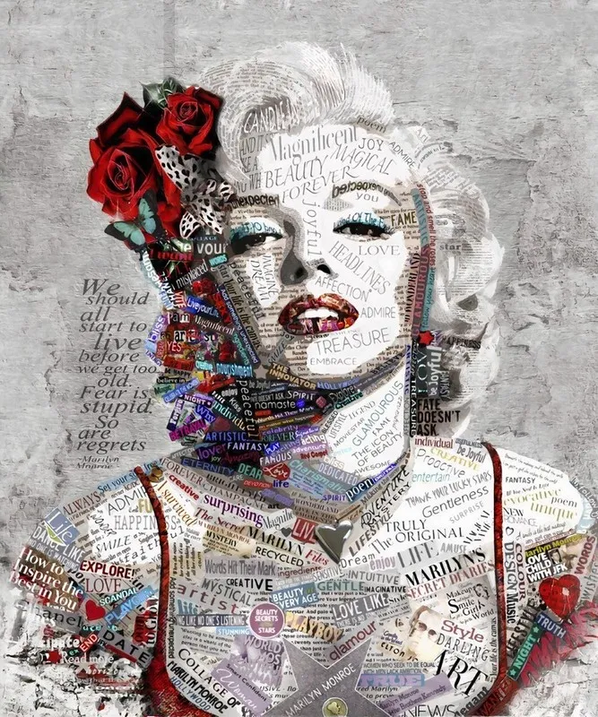 Marilyn Monroe gazete kupürleri ve kırmızı güllerle sanatsal kolaj duvar kağıdı.