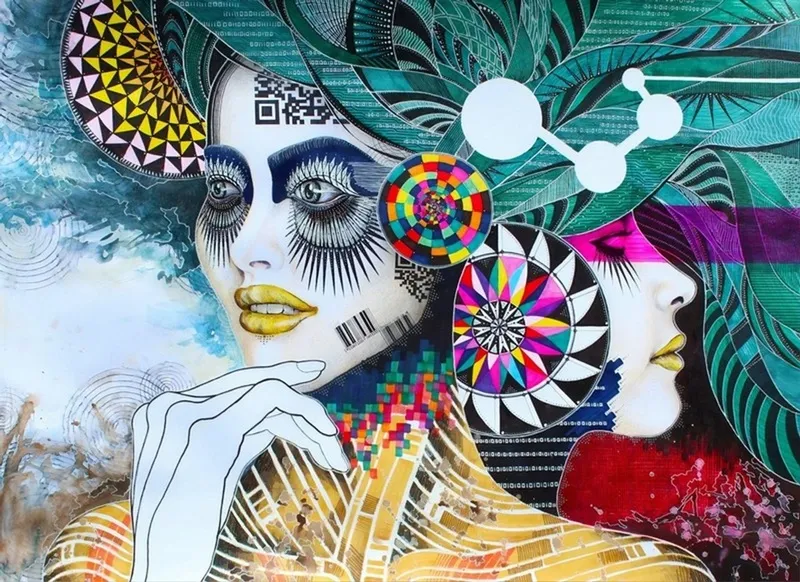 Eviniz için özel tasarım fütüristik QR kodlu ve geometrik desenli siber kadın portreli dikişsiz duvar kağıdı.