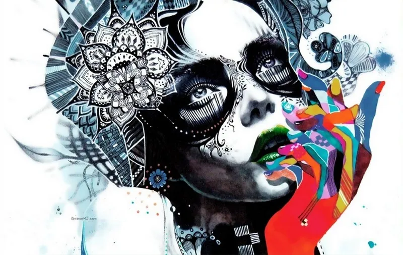 Eviniz için özel tasarım mandala desenli ve neon yeşili dudaklı siber kadın portreli dikişsiz duvar kağıdı.