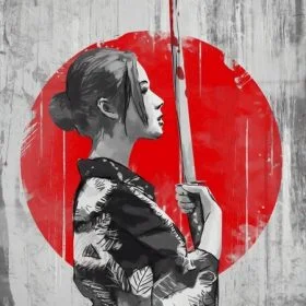 Elinde katana tutan kadın figürü ve arkada kırmızı daire Japon temalı sanatsal duvar kağıdı.